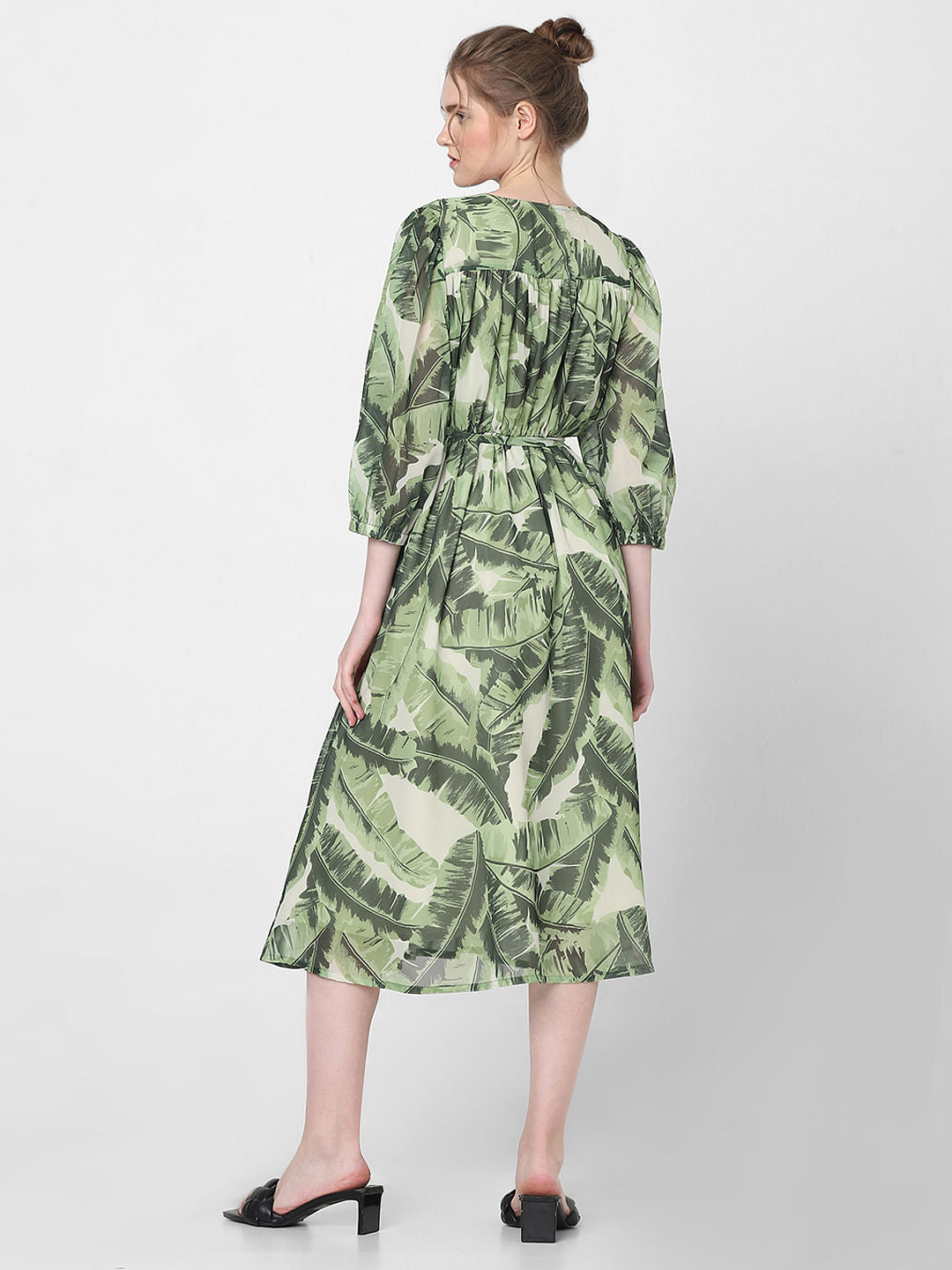 Green Tropical Print Midi Dress
