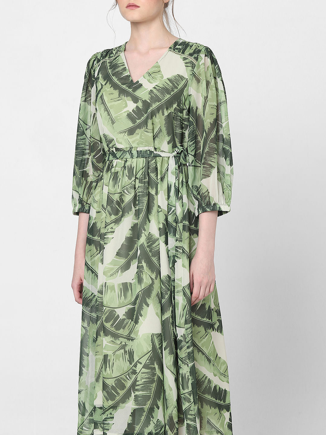 Green Tropical Print Midi Dress