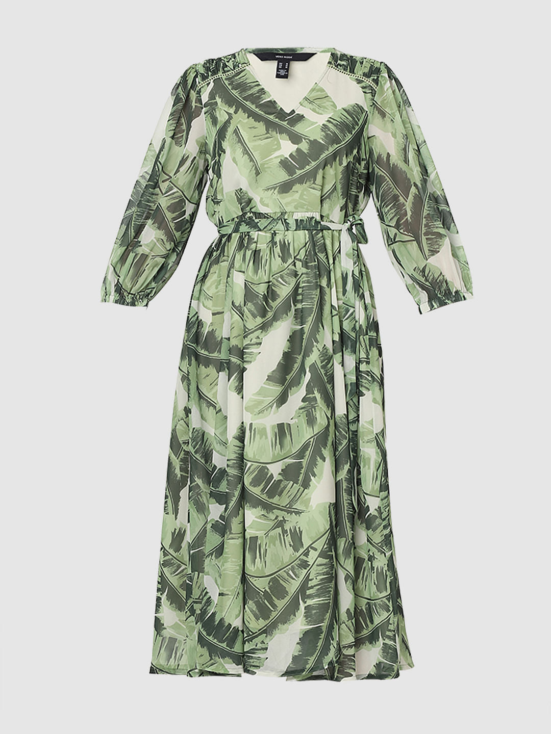 Green Tropical Print Midi Dress