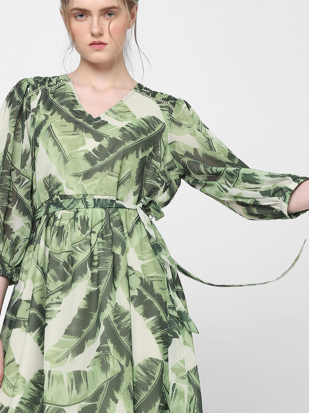 Green Tropical Print Midi Dress
