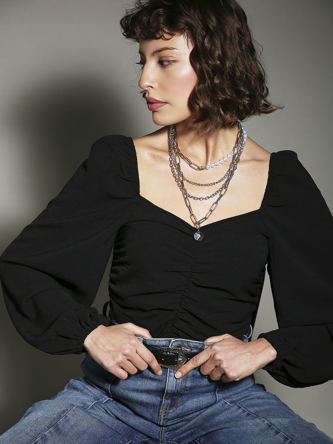 トップス room306 Random Dot Volume Tops Black Ruched Volume Sleeves Top