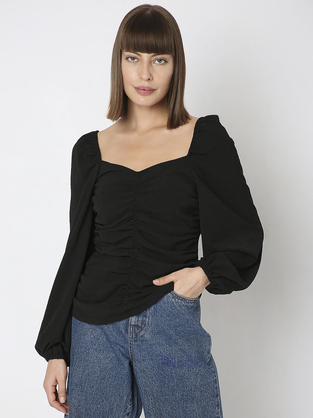 Black Ruched Volume Sleeves Top