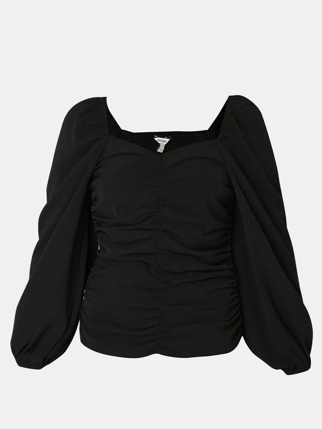 Black Ruched Volume Sleeves Top