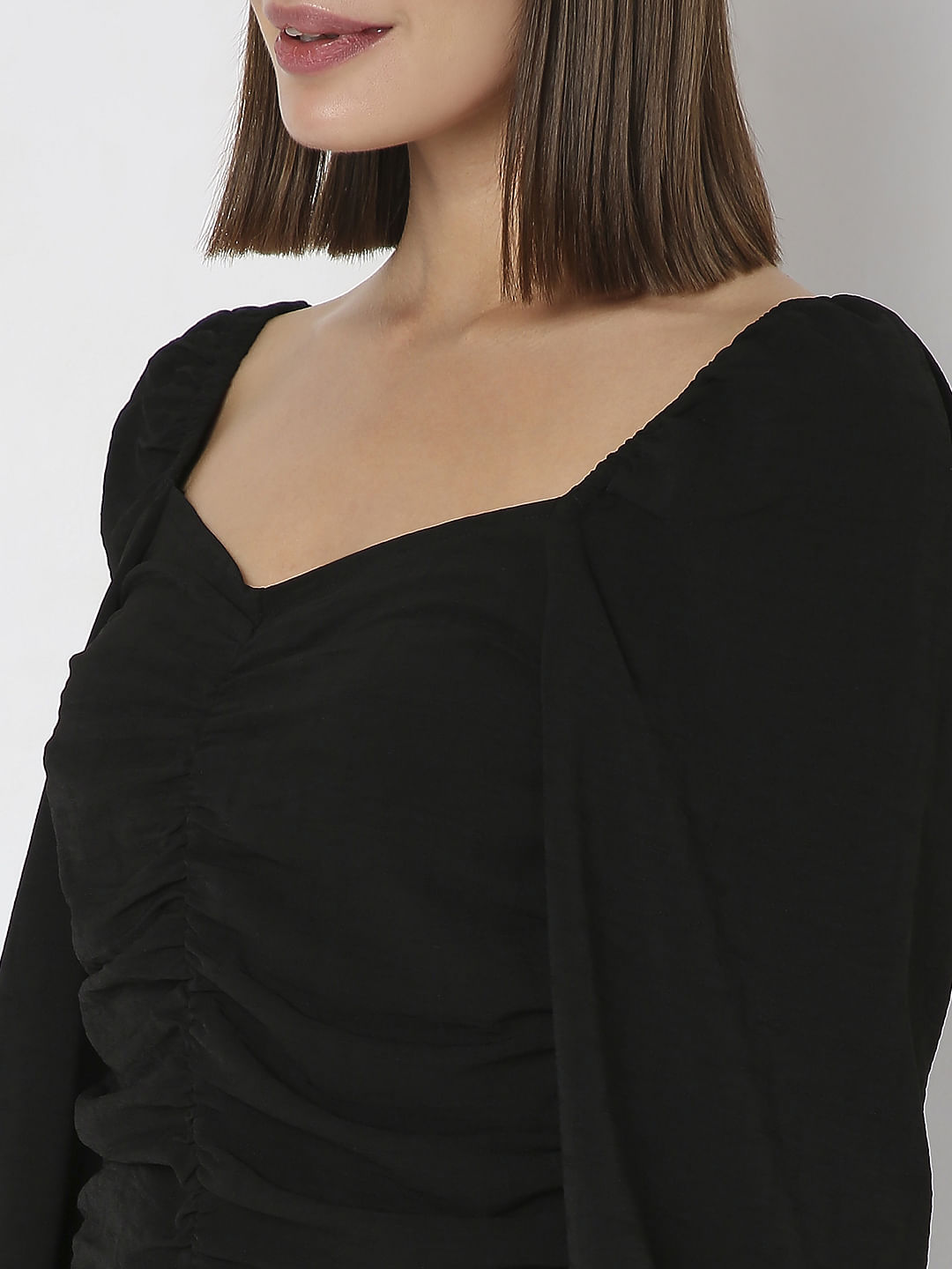 Black Ruched Volume Sleeves Top
