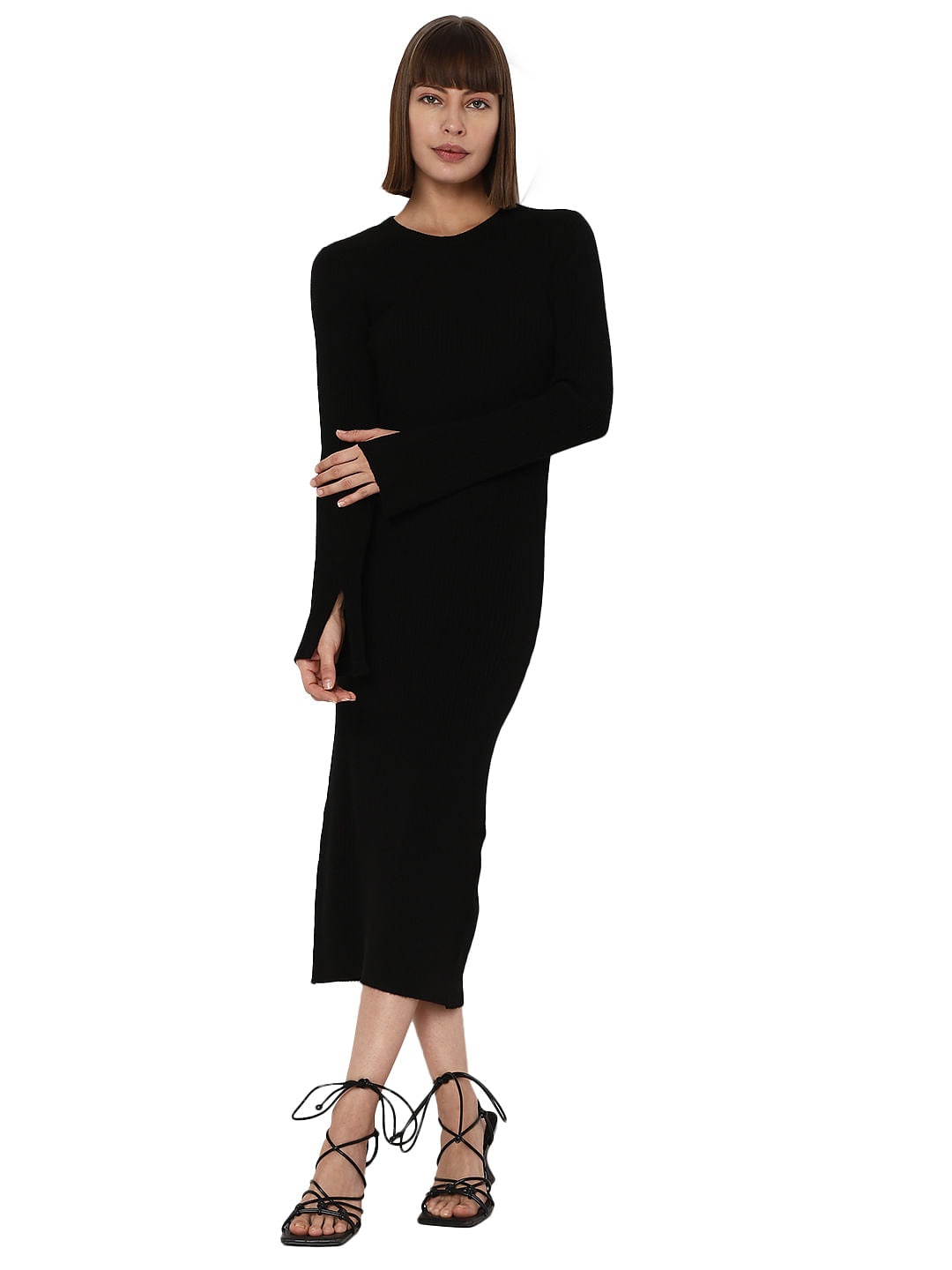 Black Rib Knit Bodycon Dress