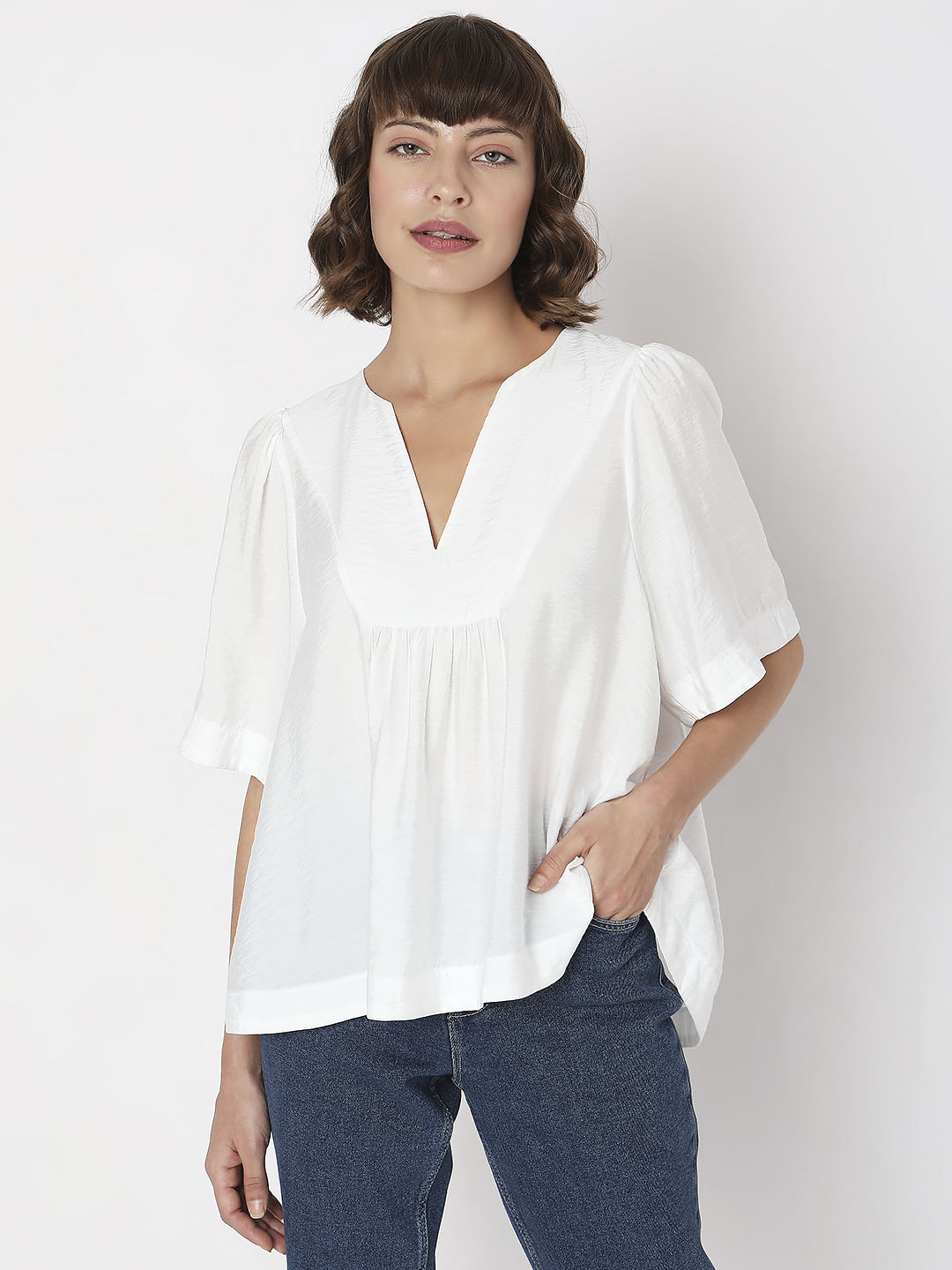 White V-Neck Flared Top