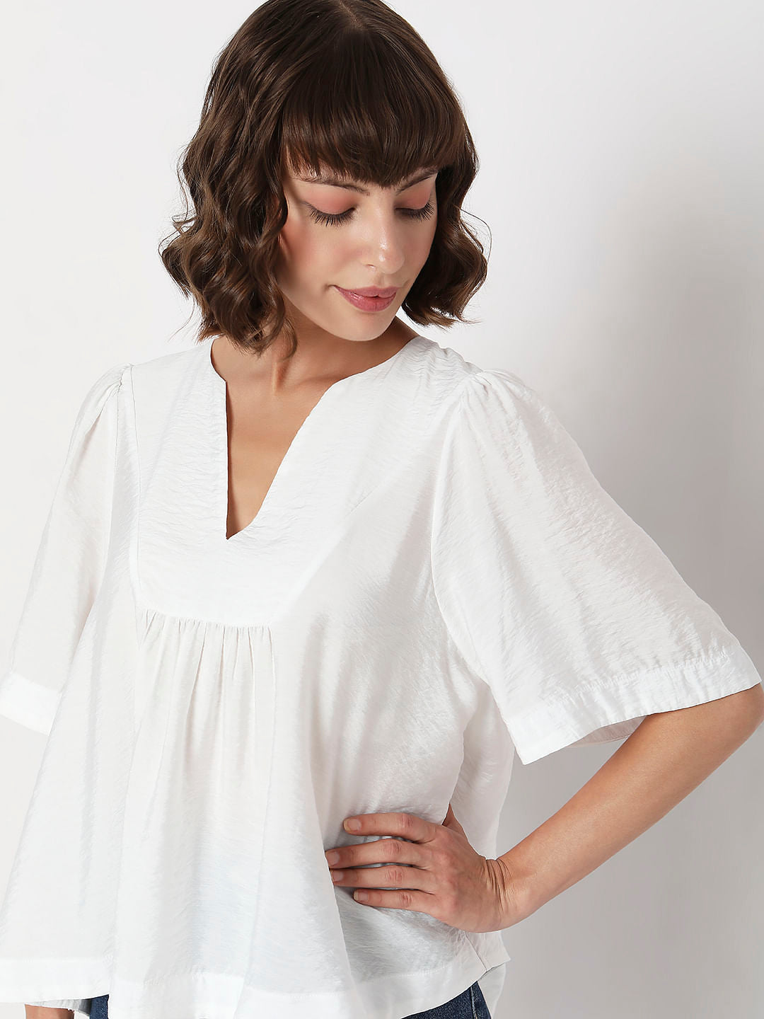 White V-Neck Flared Top