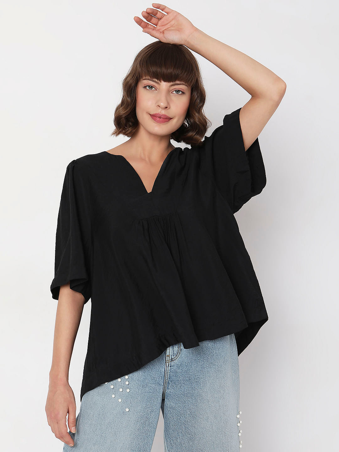 Black V-Neck Flared Top