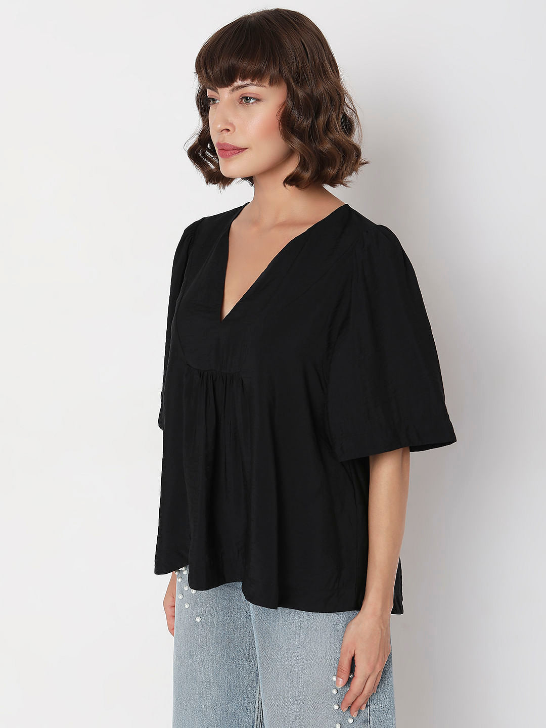 Black V-Neck Flared Top