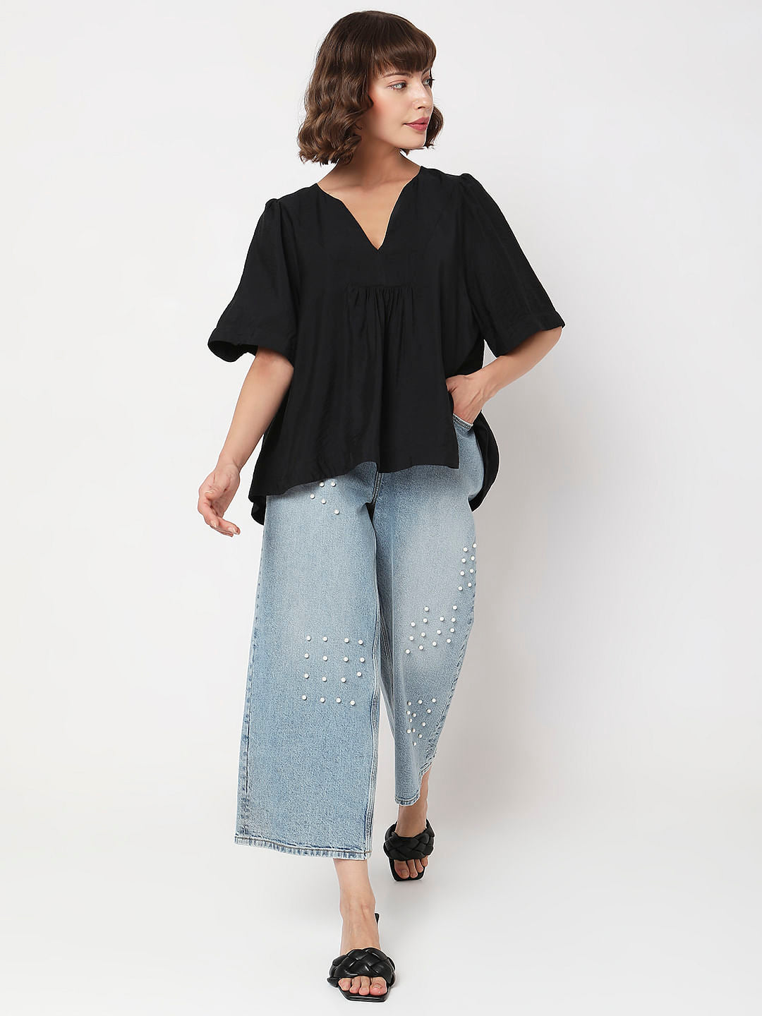 Black V-Neck Flared Top