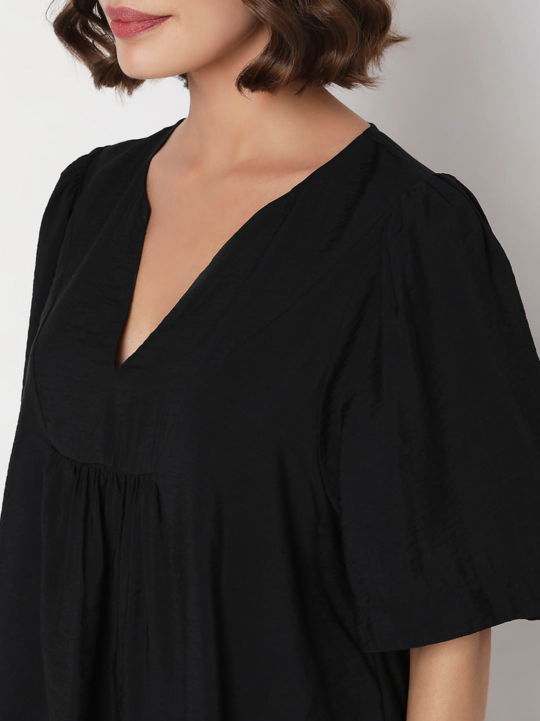 Black V-Neck Flared Top