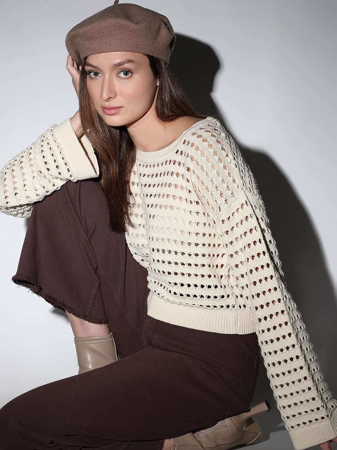 Ecru Knit Flared Sleeves Top