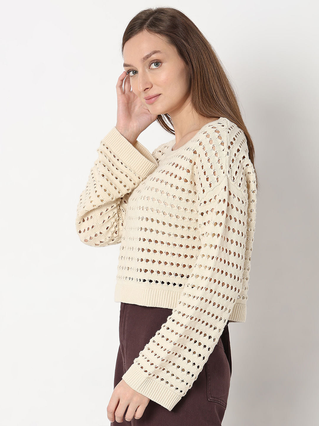 Ecru Knit Flared Sleeves Top