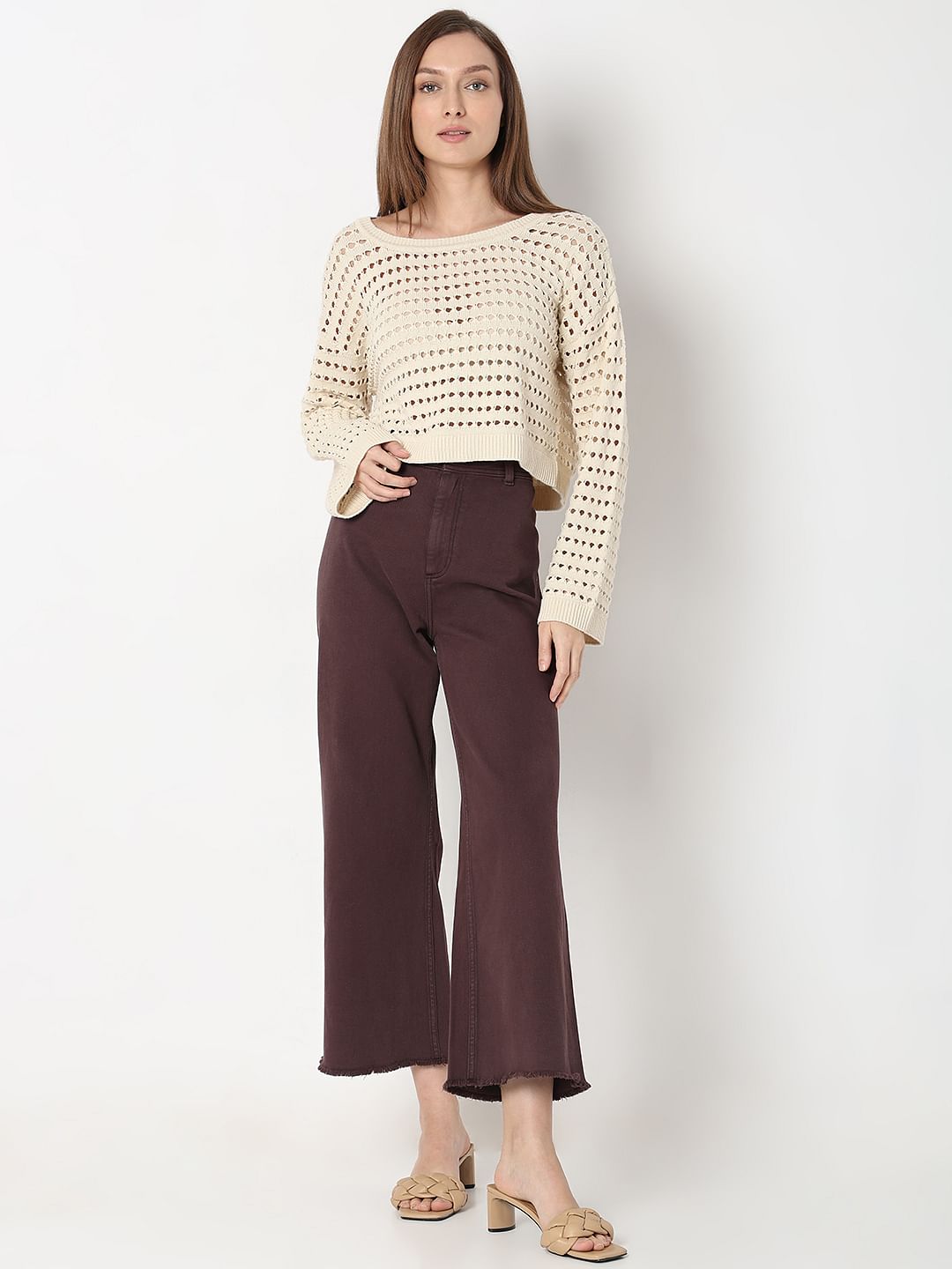 Ecru Knit Flared Sleeves Top