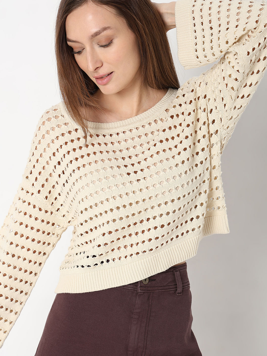 Ecru Knit Flared Sleeves Top