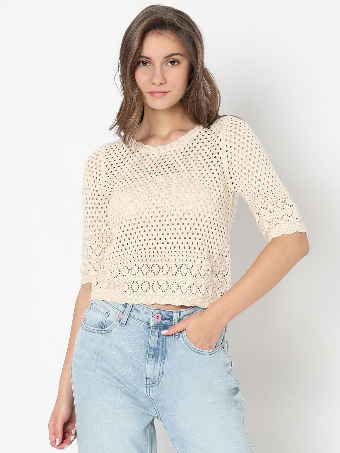 Ecru Pointelle Knit Top