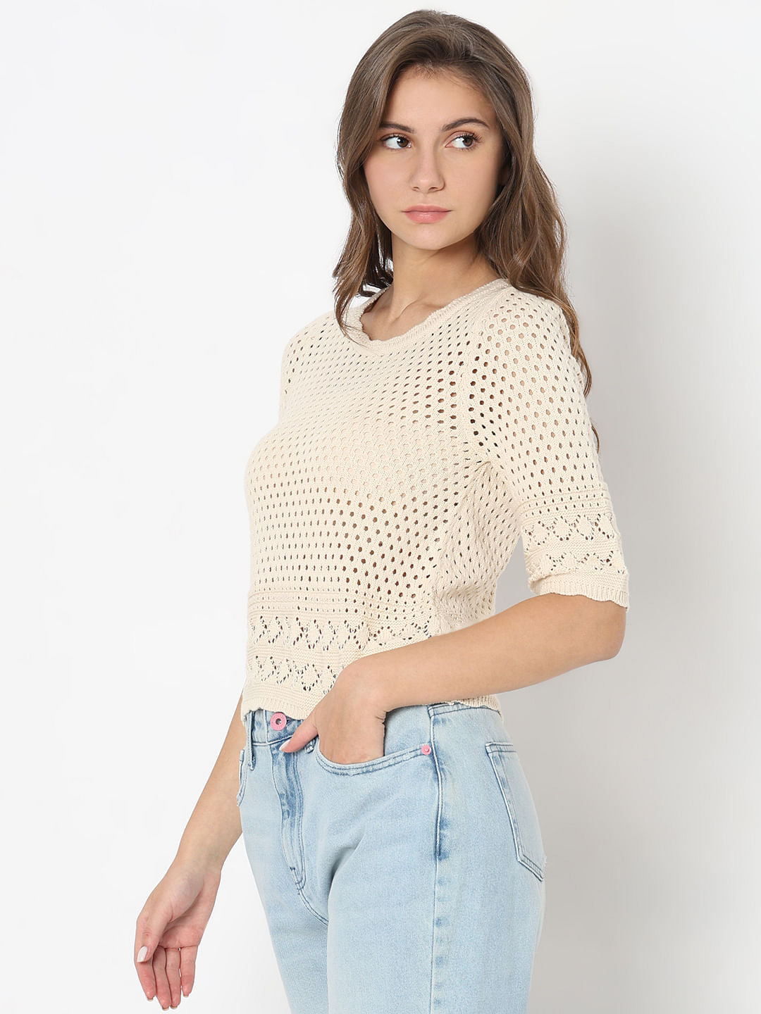 Ecru Pointelle Knit Top