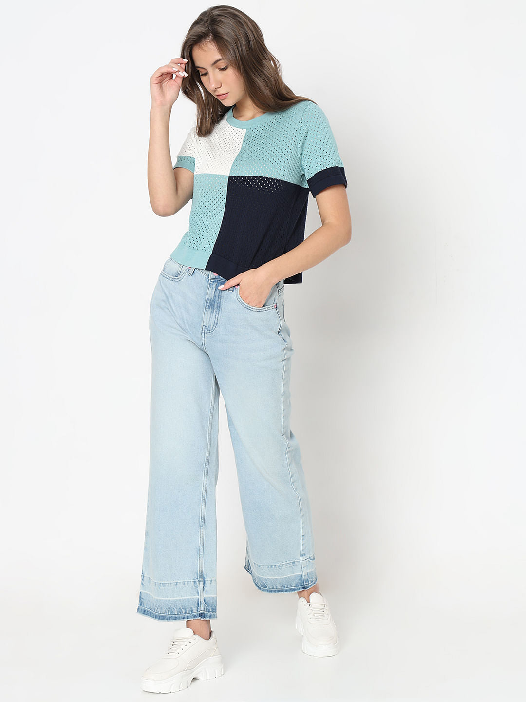 Blue Colourblocked Knit Top