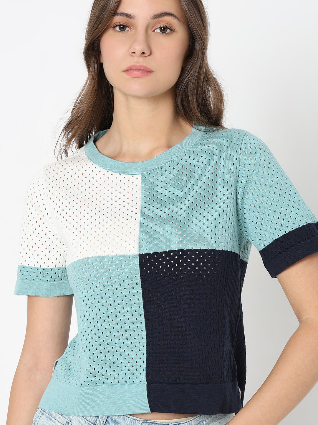 Blue Colourblocked Knit Top