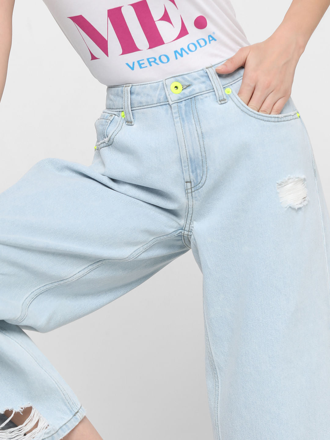 Light Blue Distressed Zoey Wide-Leg Jeans