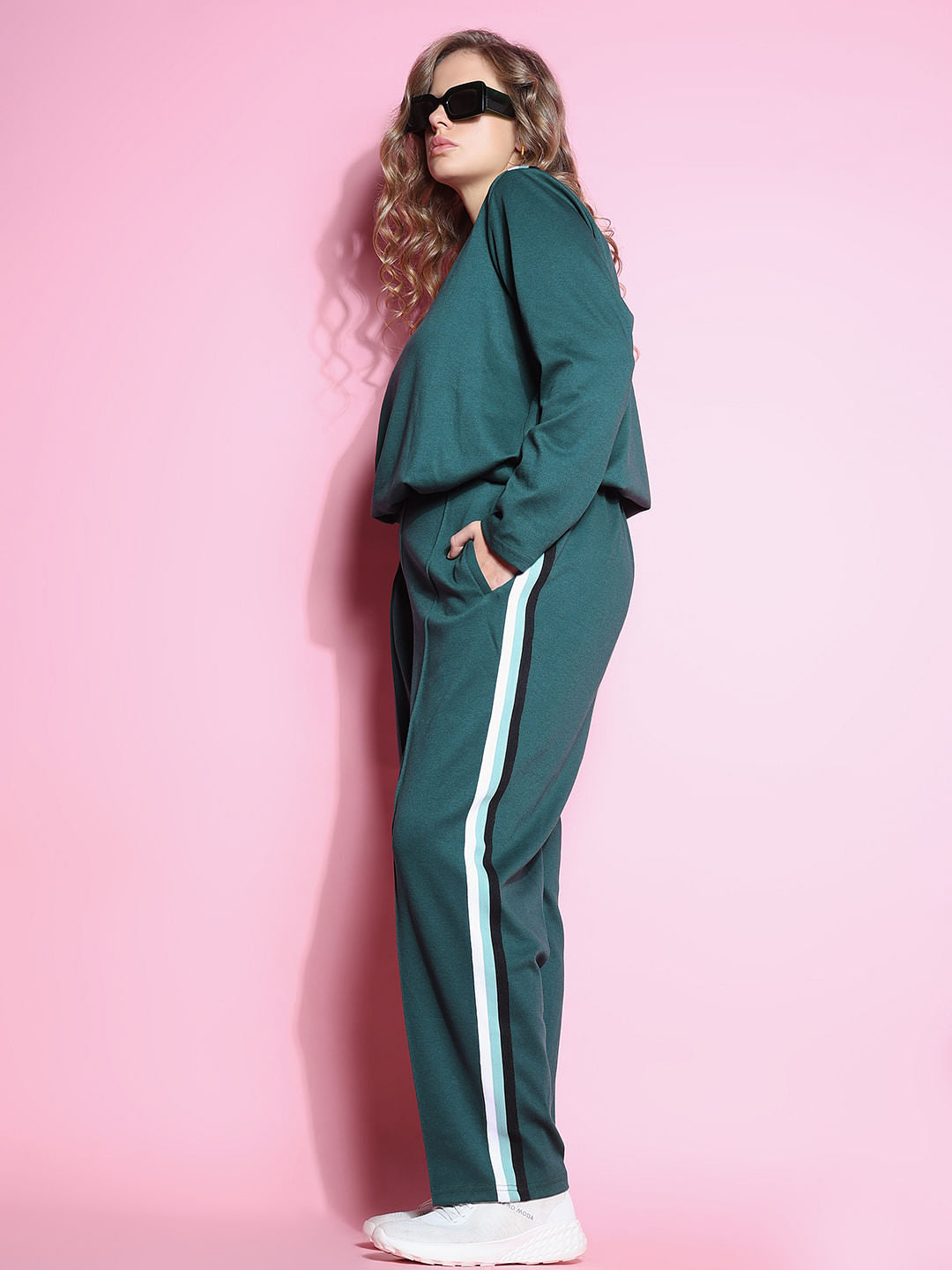 Curve Green High Rise Striped Co-Ord Set Sweatpants