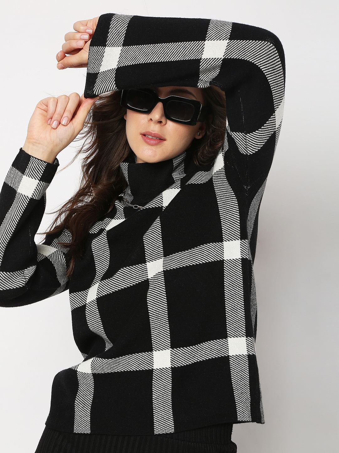 Black Check High Neck Top