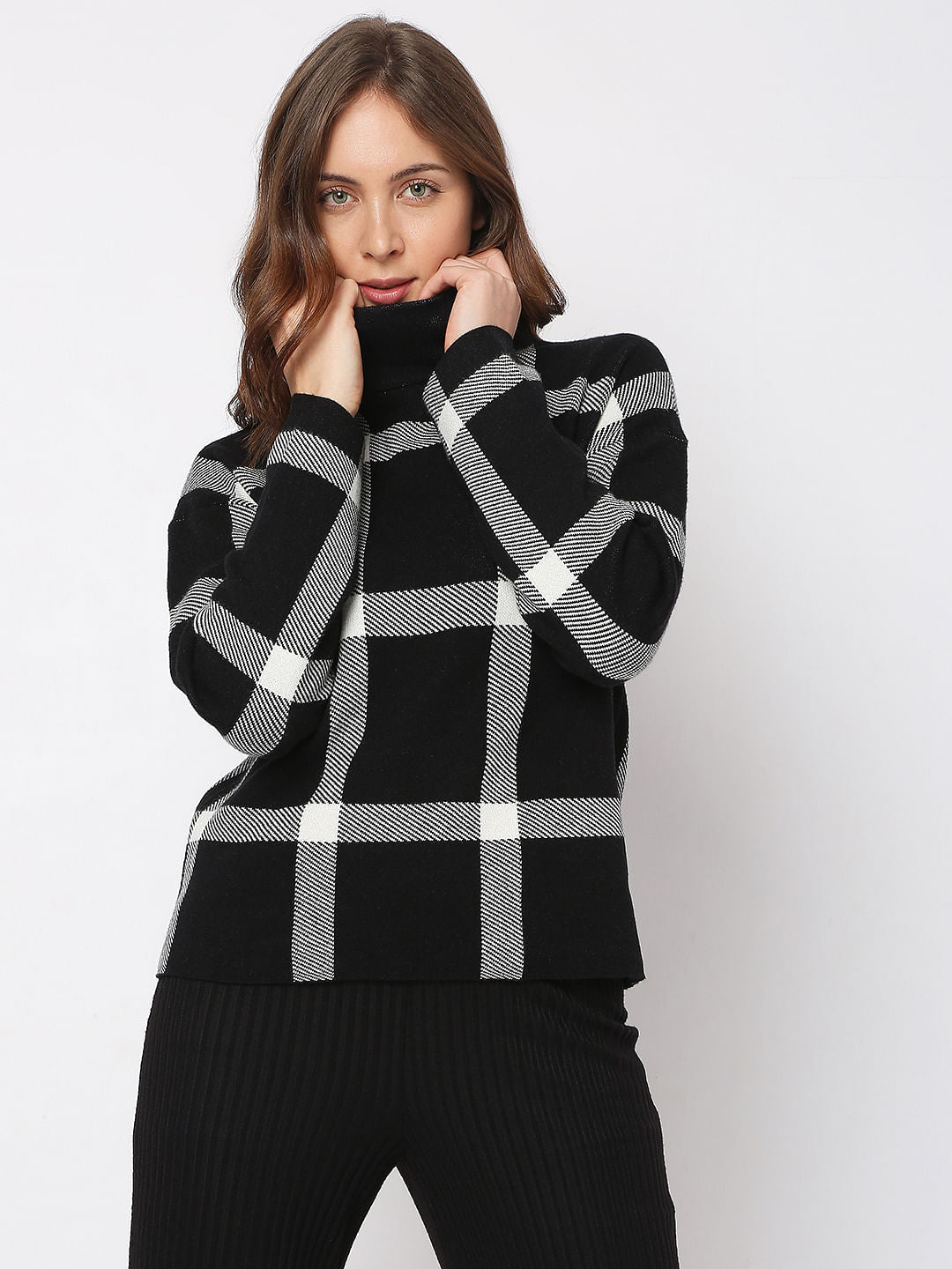 Black Check High Neck Top
