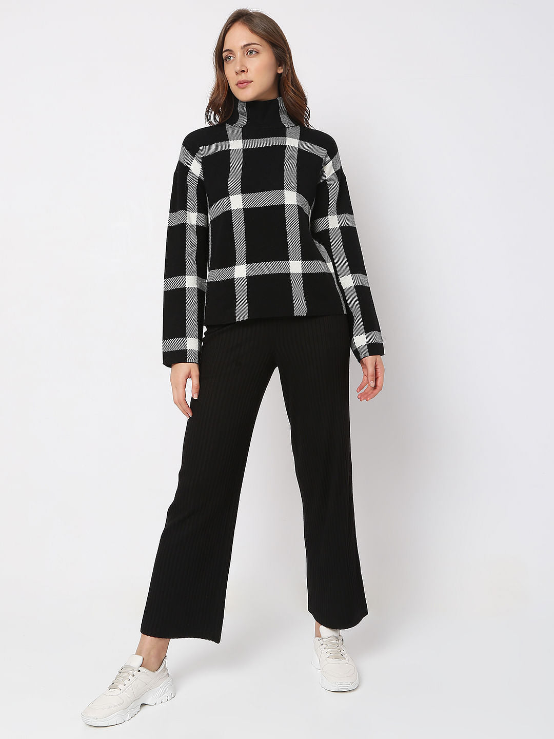 Black Check High Neck Top