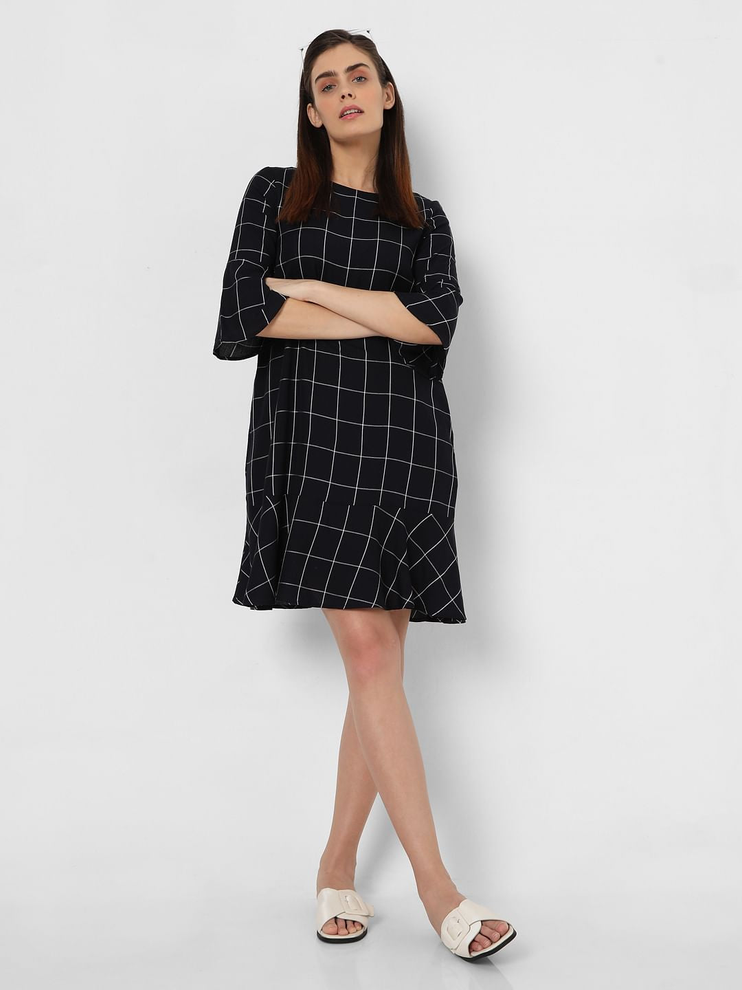 Navy Blue Check Shift Dress