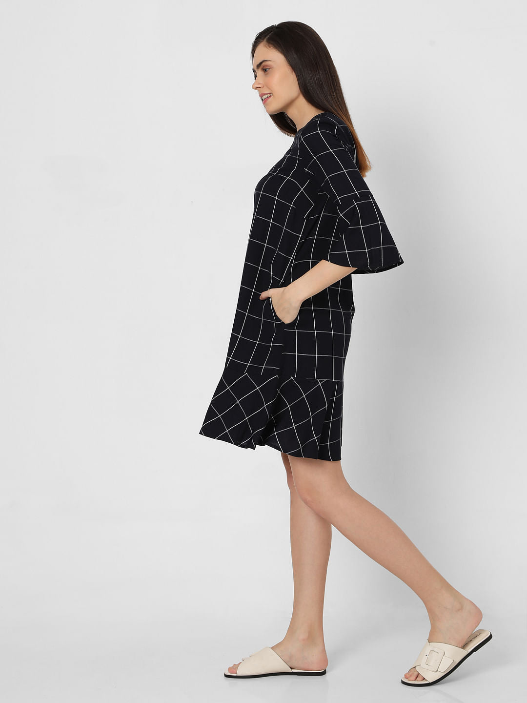 Navy Blue Check Shift Dress