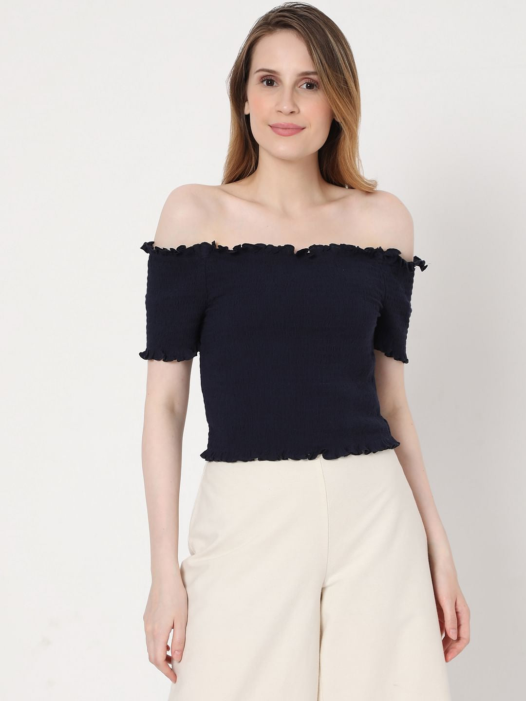 Blue Off Shoulder Smocked Co-Ord Set Top