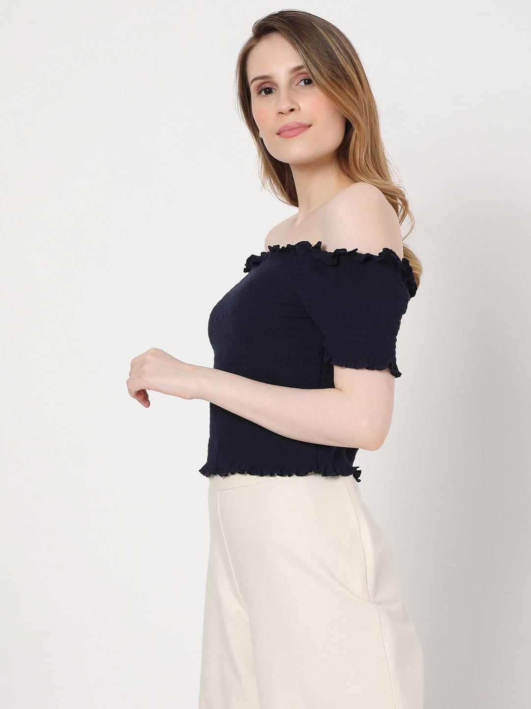 Blue Off Shoulder Smocked Co-Ord Set Top