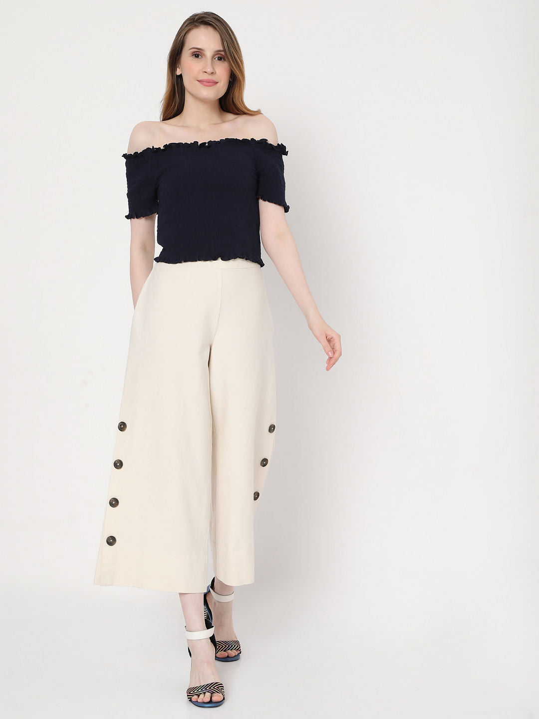 Blue Off Shoulder Smocked Co-Ord Set Top