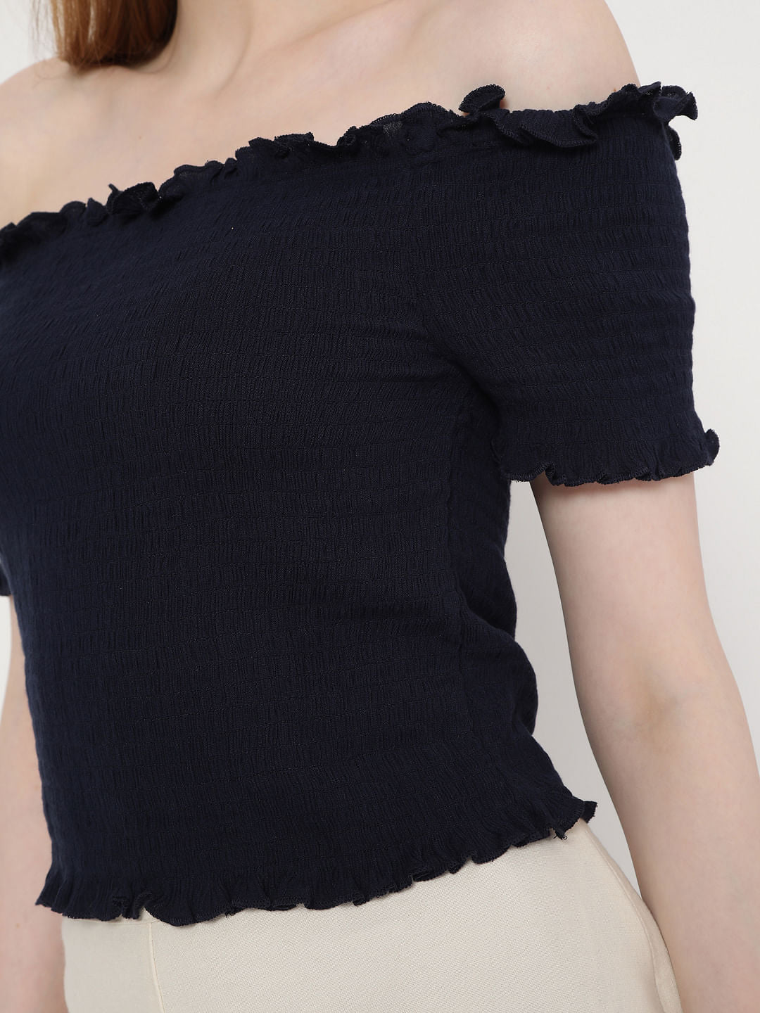 Blue Off Shoulder Smocked Co-Ord Set Top