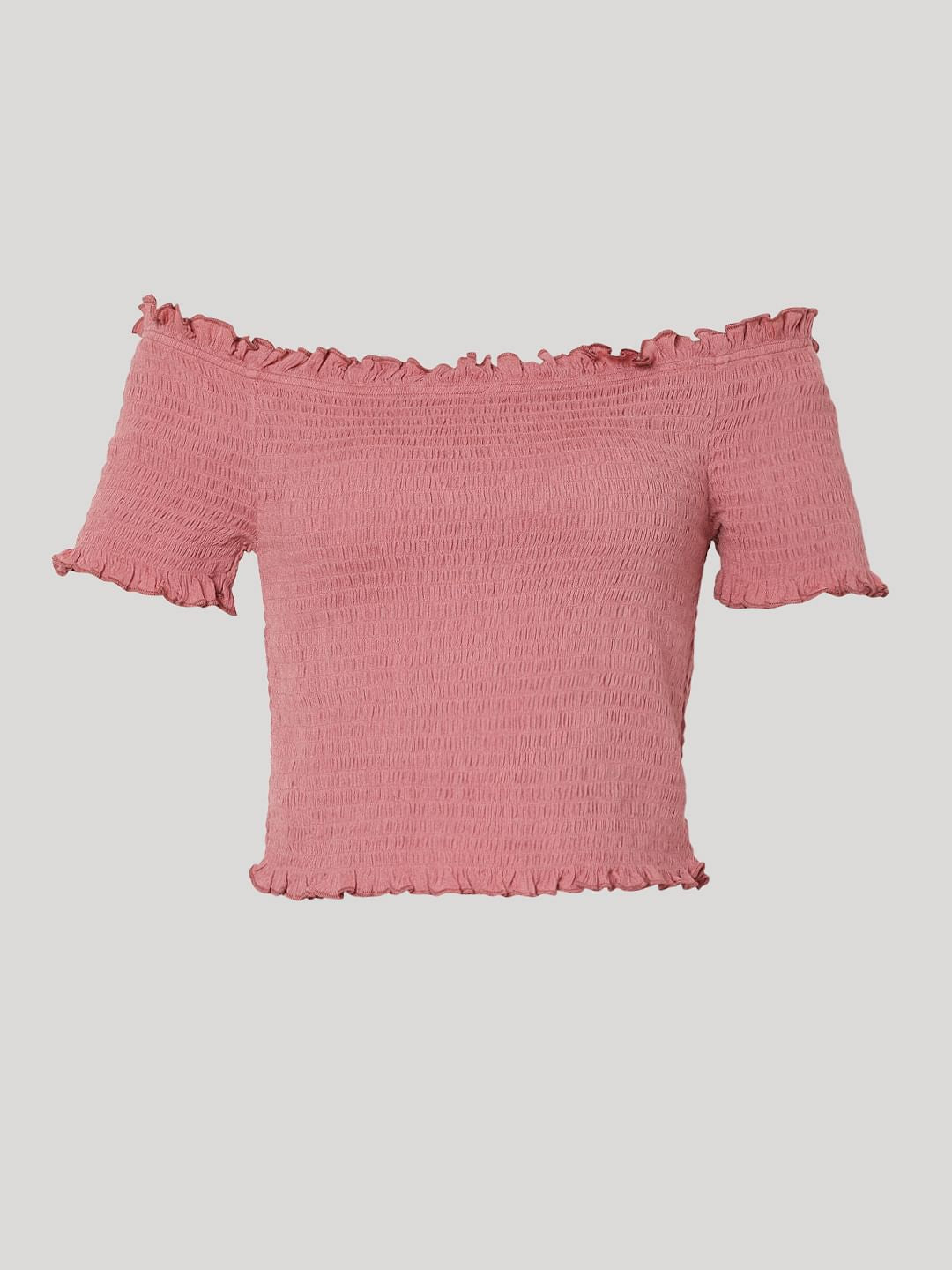 Pink Off Shoulder Smocked Co-Ord Set Top