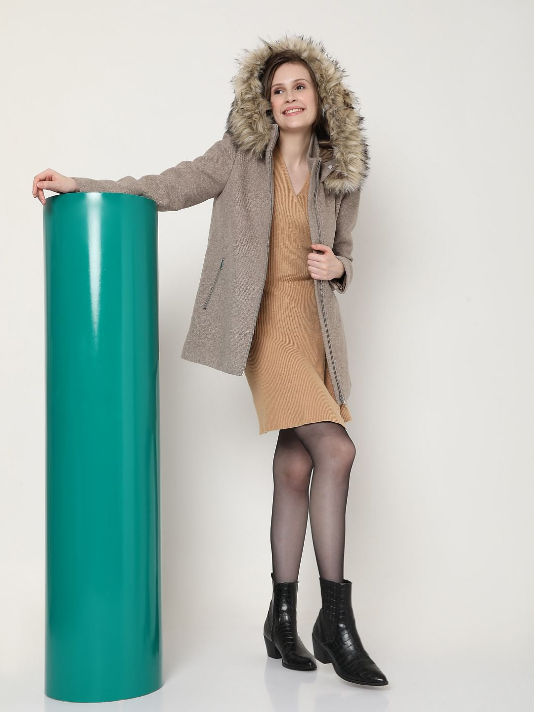 Beige Woollen Hooded Coat