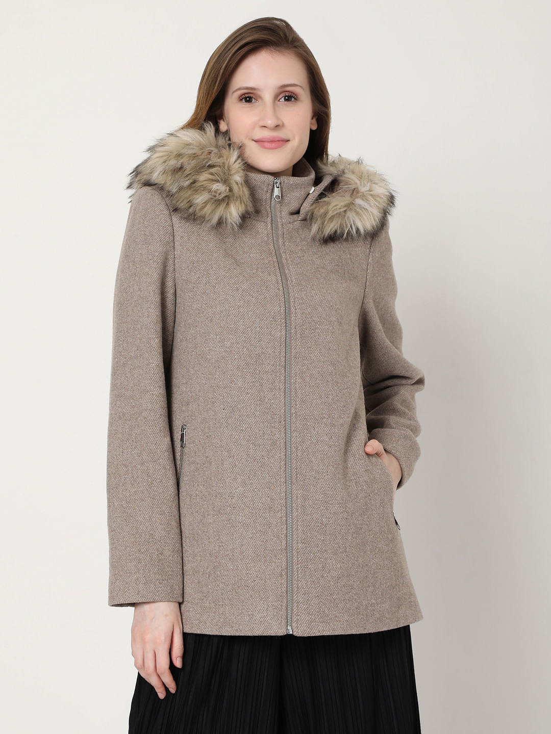 Beige Woollen Hooded Coat