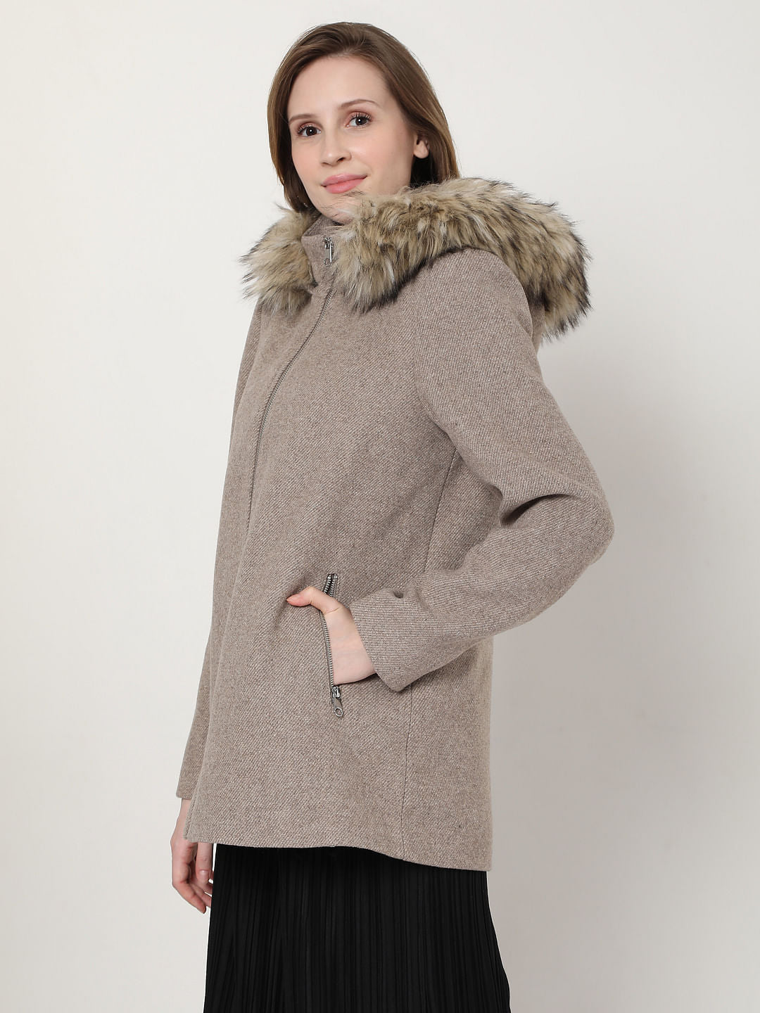 Beige Woollen Hooded Coat