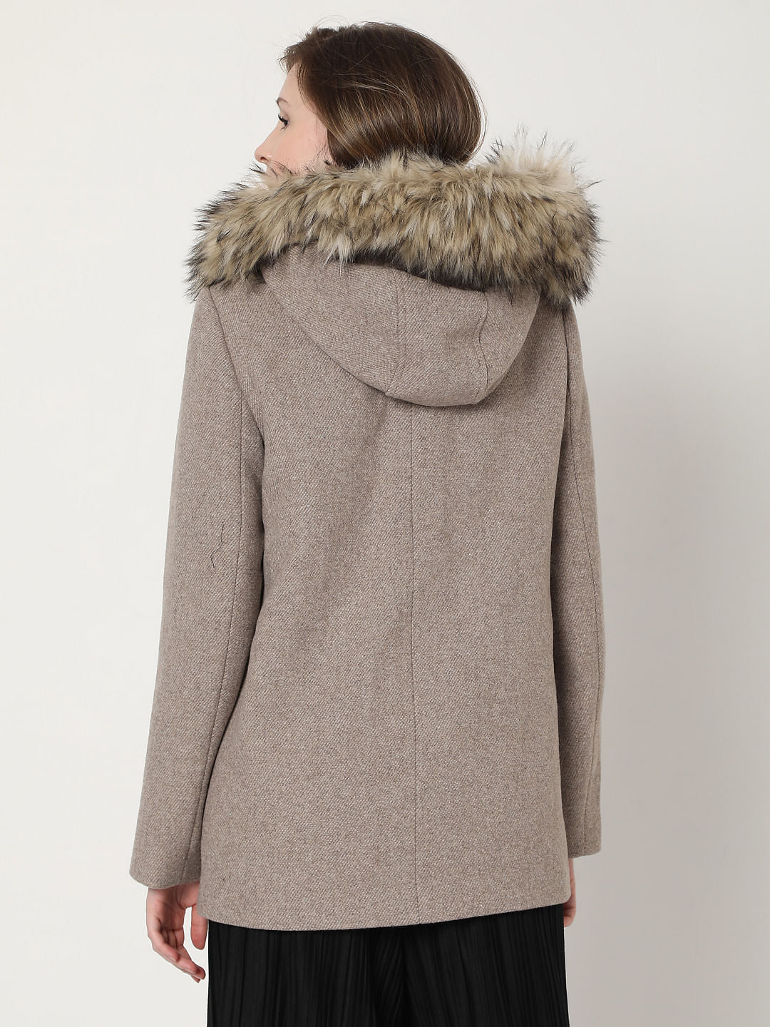 Beige Woollen Hooded Coat