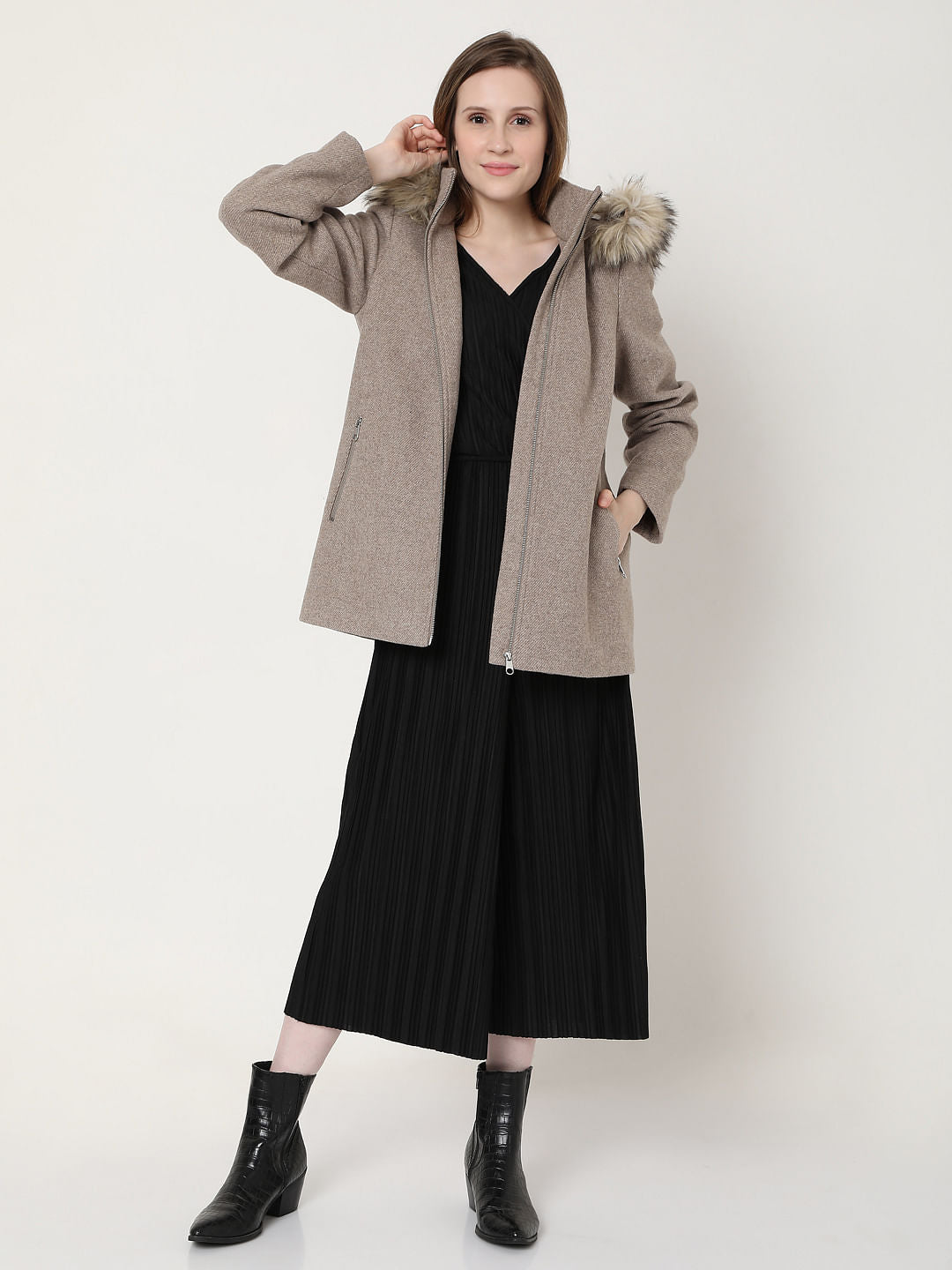 Beige Woollen Hooded Coat