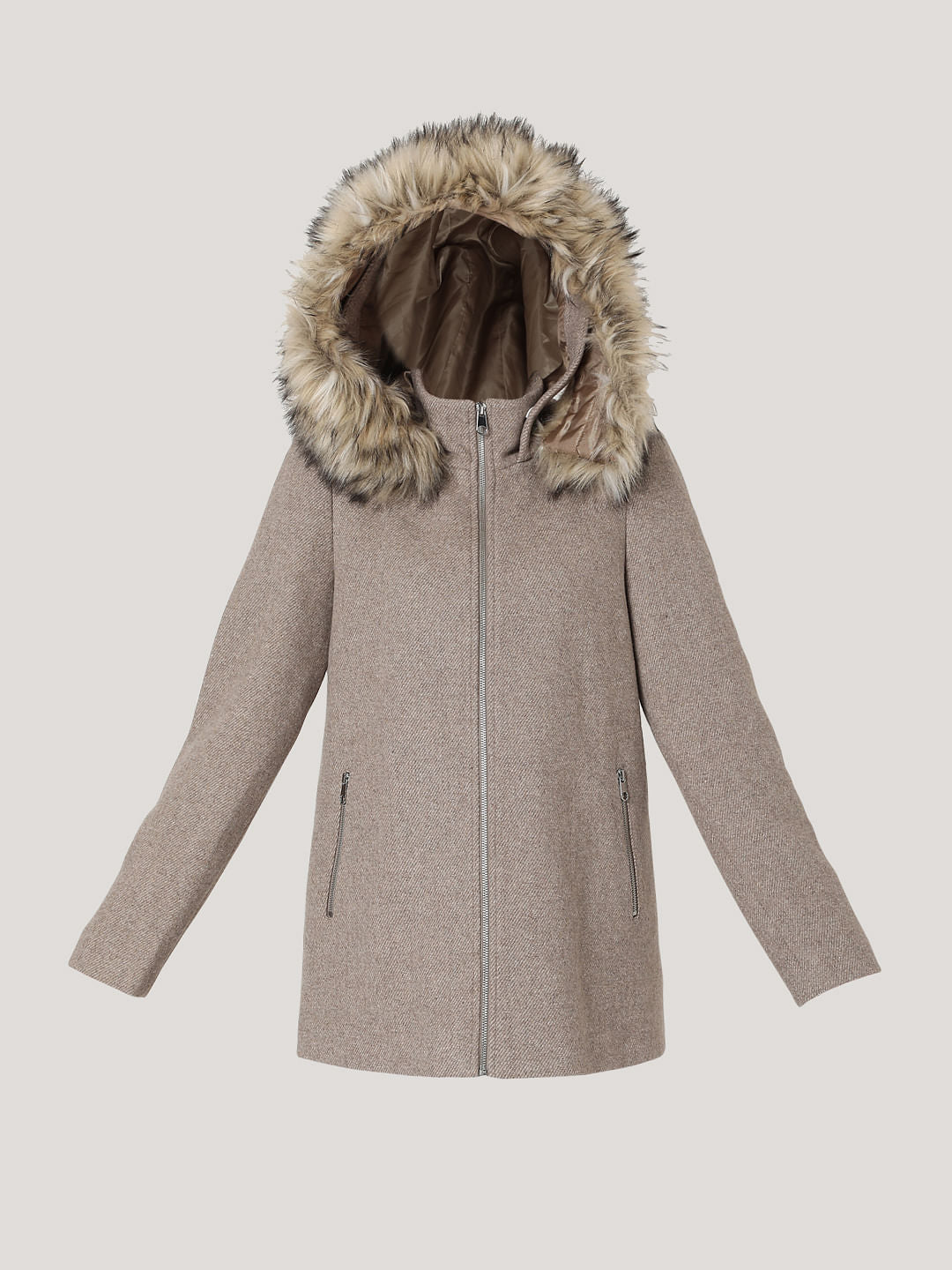 Beige Woollen Hooded Coat