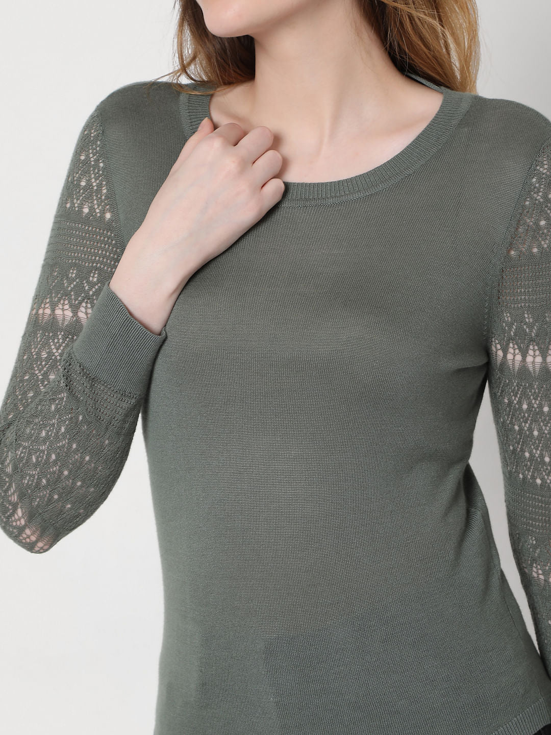 Green Lace Sleeves Pullover
