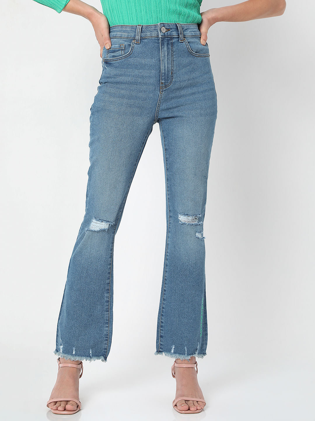Blue High Waist Distressed Petra Bootcut Jeans