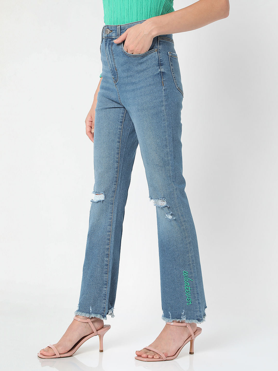 Blue High Waist Distressed Petra Bootcut Jeans