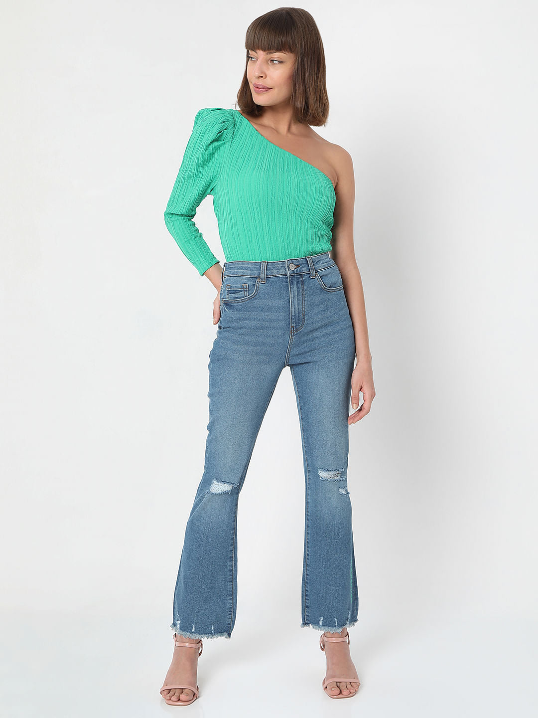 Blue High Waist Distressed Petra Bootcut Jeans