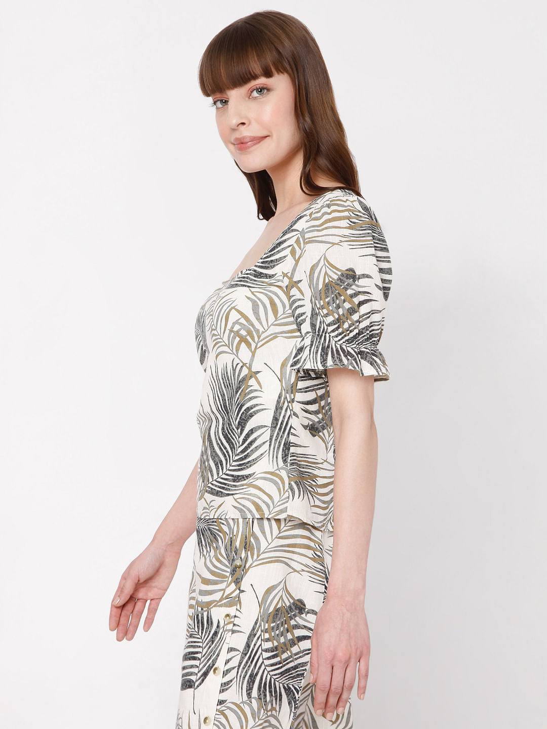 Beige Tropical Print Co-Ord Set Top