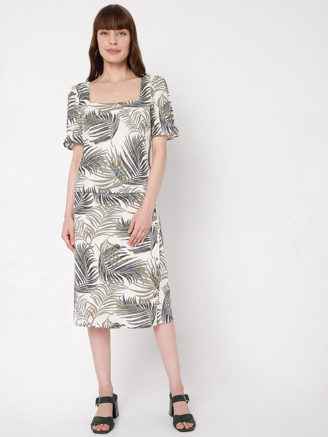 Beige Tropical Print Co-Ord Set Top