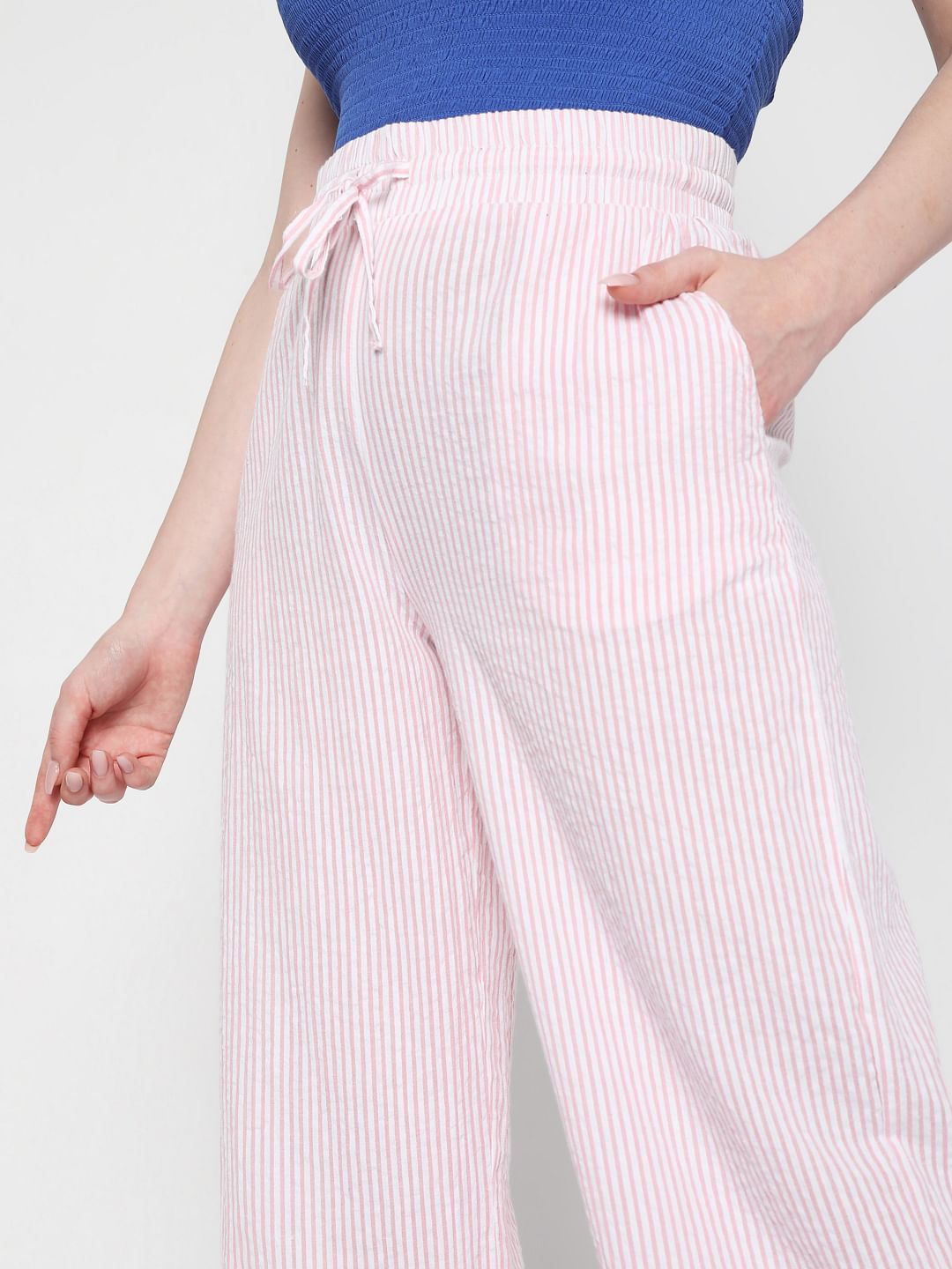 Pink Mid Rise Striped Co-Ord Set Pants