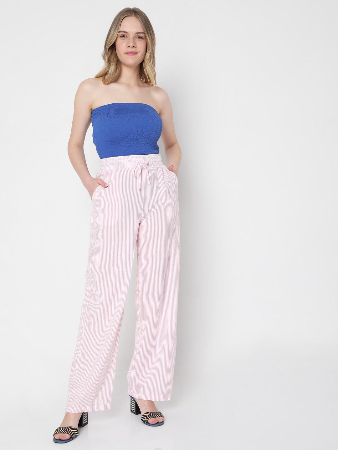 Pink Mid Rise Striped Co-Ord Set Pants