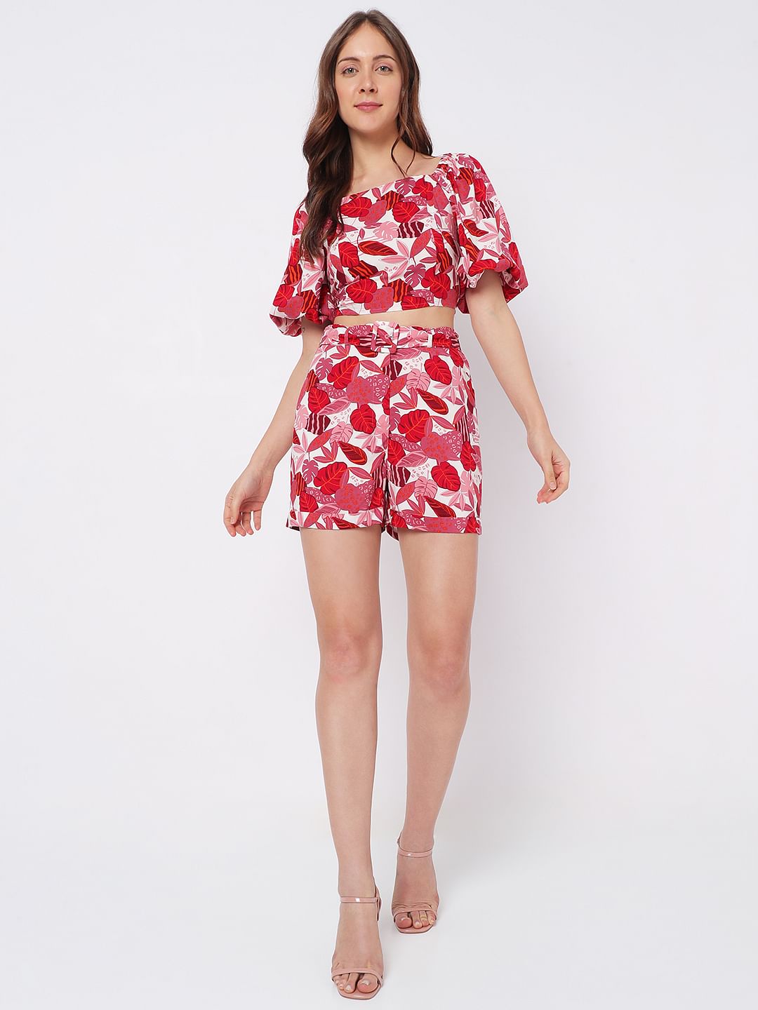 Pink High Rise Printed Co-Ord Shorts